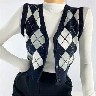 Sleeveless V-neck Argyle Print Cardigan