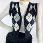 Sleeveless V-neck Argyle Print Cardigan