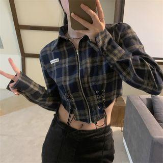Plaid Lace-up Zip Cropped Shirt Jacket