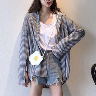 Long-sleeve Gingham Hooded Buttoned Top