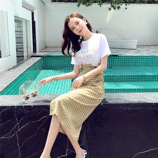Set: Lettering Short-sleeve T-shirt + Midi Check Skirt