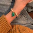 Bear Faux Pearl Bracelet 1pc - Gold & White & Green - One Size