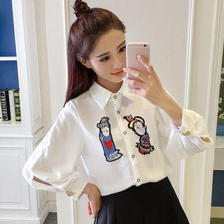 Set: Cartoon Embroidered Shirt + Plain A-line Mini Skirt