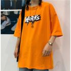 Elbow-sleeve Lettering T-shirt Tangerine - One Size