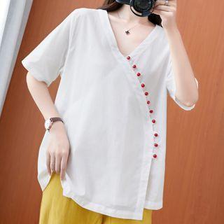Short-sleeve Buttoned Linen Top
