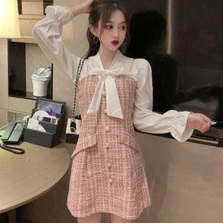 Bow Accent Blouse / Plaid Mini Pinafore Dress