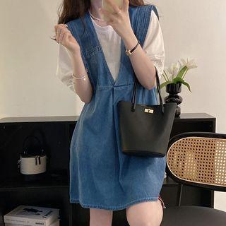Short-sleeve Mock Two-piece Denim Panel Dress