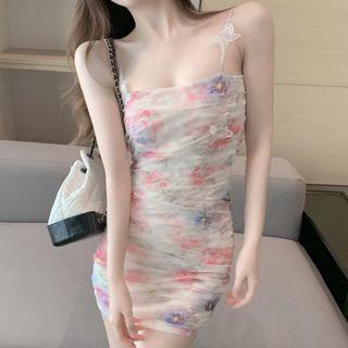 Spaghetti Strap Floral Print Tie-dye Mini Bodycon Dress Blue & Pink Flowers - White - One Size