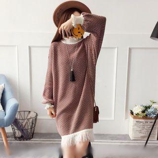 Ruffle Trim Fringe Hem Long-sleeve Midi Knit Dress