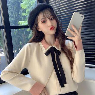 Ribbon Bow Collared Knit Top