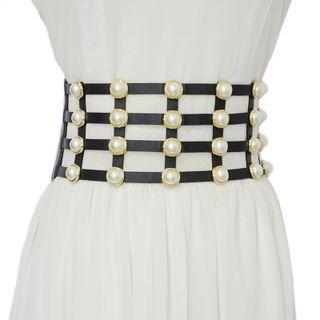 Faux Leather Beaded Cutout Wide Belt