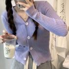 V-neck Plain Single Breasted Loose Fit Knit Top