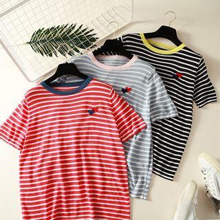 Heart Embroidered Striped Short-sleeve Knit Top