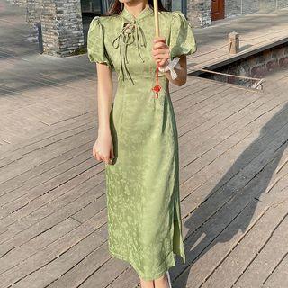 Puff-sleeve Midi Qipao Dress