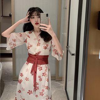 Flower Printed V-neck Short-sleeve Dress As Figure - One Size