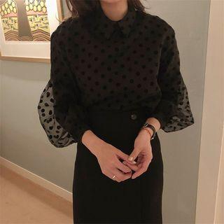 Balloon-sleeve Dotted Mesh Blouse Black - One Size