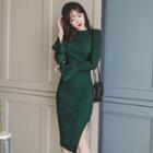 Side-slit Flared-sleeve Knit Sheath Dress