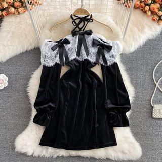 Off Shoulder Lace Panel Velvet Dress