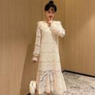 Balloon-sleeve Collared Midi Lace Dress