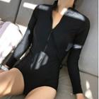 Long-sleeve Zip-front Plain Swimsuit