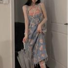 Flower Print Denim Midi A-line Overall Dress / Asymmetrical Camisole Top