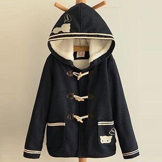 Cat Embroidered Hooded Toggle Jacket