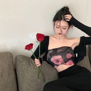 Floral Cropped Tube Top / Plain Cardigan / High-waist Wide Leg Pants