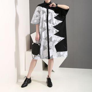 Patterned Panel Short-sleeve Shirt Dress