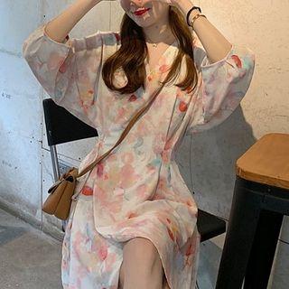 3/4-sleeve Printed Wrap Dress / Wide-leg Shorts