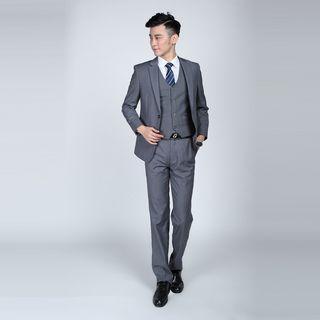 Suit Set: Buttoned Blazer + Straight-cut Dress Pants + Striped Tie