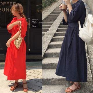Tie-waist Short Sleeve Plain Dress