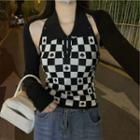 Set: Long-sleeve Knit Shrug + Halter Checkerboard Top