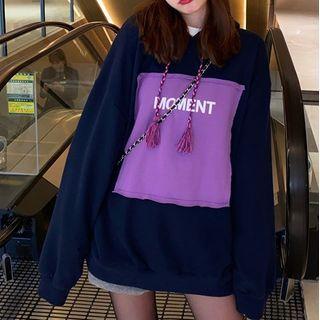 Lettering Print Tasseled Hoodie Blue - One Size