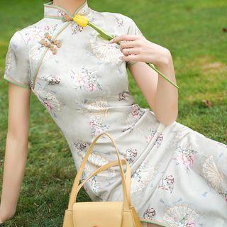 Floral & Fan Print Short Sleeve Qipao