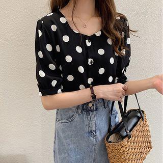 Elbow-sleeve Polka Dot Buttoned Chiffon Top