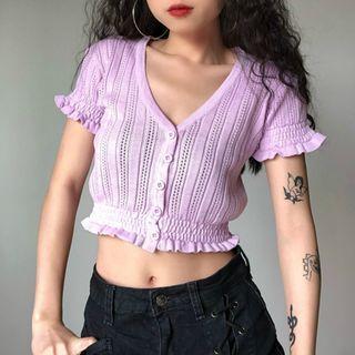 Ruffled Short-sleeve Cropped Pointelle Knit Top