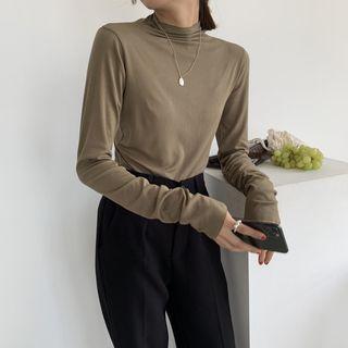 Mock-neck Ruched-sleeve Top