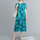 Short-sleeve Leaf Print Linen Blend A-line Midi Dress