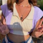 Two-tone Cropped Knit Tank Top Purple - One Size