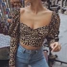 Leopard Puff Sleeve Sweetheart Neckline Cropped Top