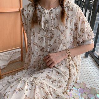 Floral Chiffon Short Sleeve Dress Cream White - One Size