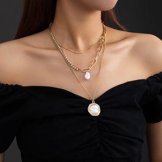Faux Pearl Layered Necklace 1 Pc - Nz1131 - Faux Pearl Layered Necklace - Gold - One Size