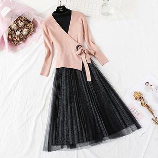 Set: Tie-front Ribbed Knit Top + Sleeveless Glitter Midi A-line Mesh Dress