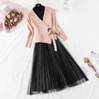 Set: Tie-front Ribbed Knit Top + Sleeveless Glitter Midi A-line Mesh Dress
