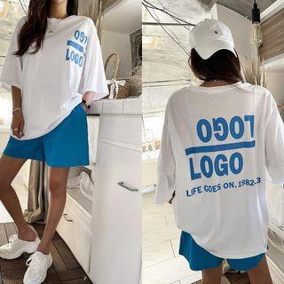 Set: Letter Print T-shirt + Sweat Shorts Blue - One Size
