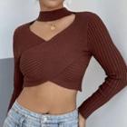 Long-sleeve Halter V-neck Cable-knit Cropped Top