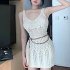 Set: Spaghetti Strap Pointelle Knit Mini Sheath Dress + Waist Chain Set - Almond & Black - One Size