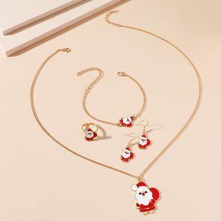 Set: Christmas Santa Glaze Pendant Necklace + Dangle Earring + Bracelet + Ring Set - Red - One Size