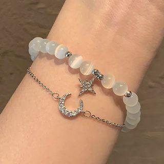 Set Of 2: Rhinestone Crescent Bracelet + Gemstone Bracelet Set Of 2 - Silver - One Size