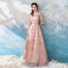Sequin Plaid Elbow-sleeve A-line Evening Gown